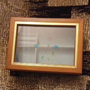 4/$60 Floral Glass Top Brown Jewelry Box with Gold & Silver Trim
